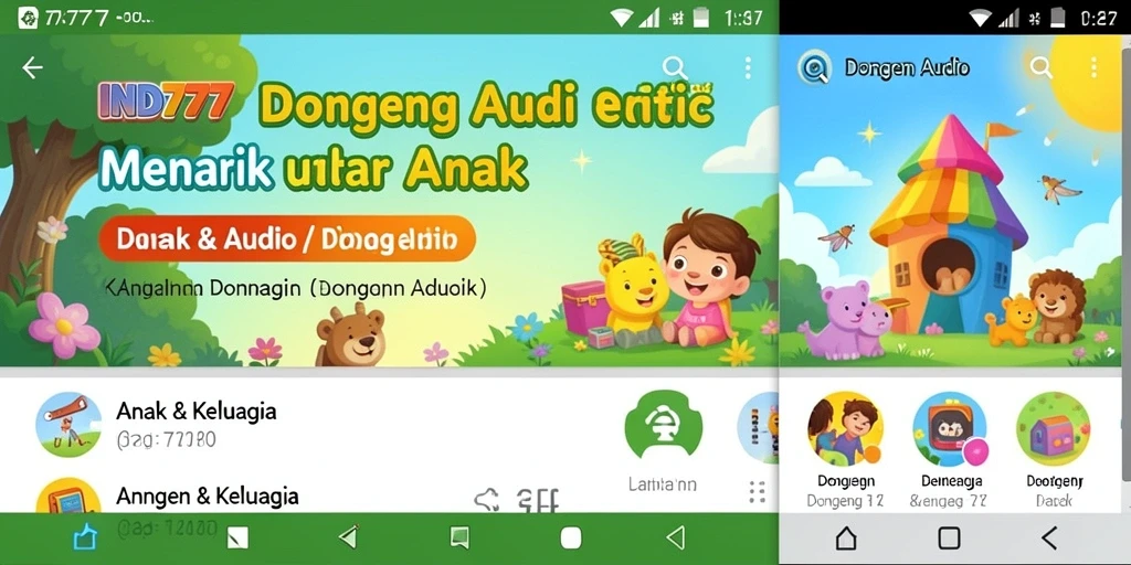 Tampilan antarmuka aplikasi IND777 dengan berbagai pilihan dongeng audio.