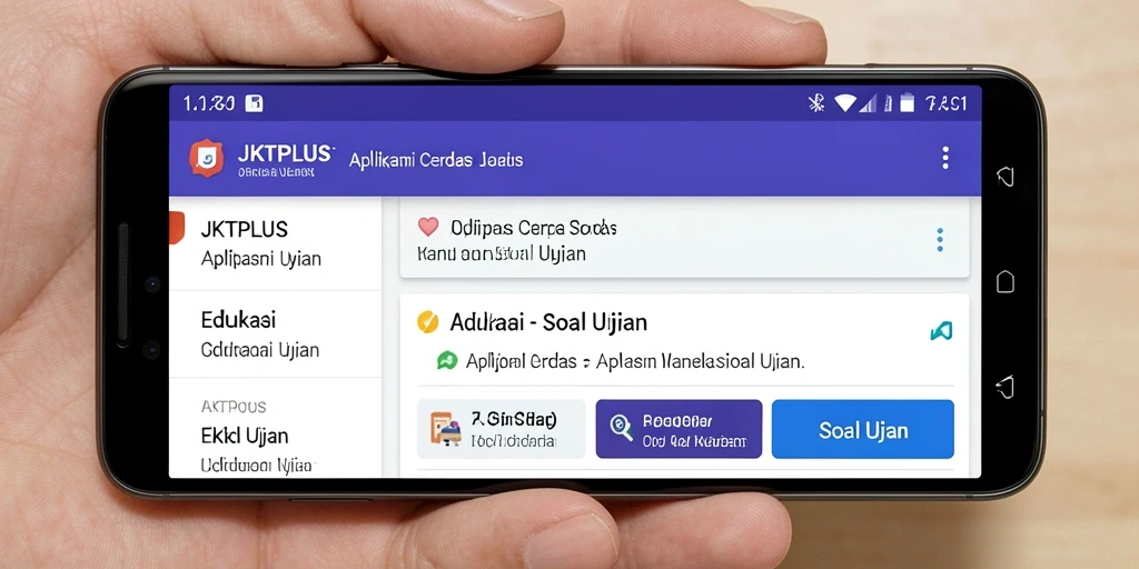 Tampilan antarmuka aplikasi JKTPLUS untuk soal ujian yang interaktif.